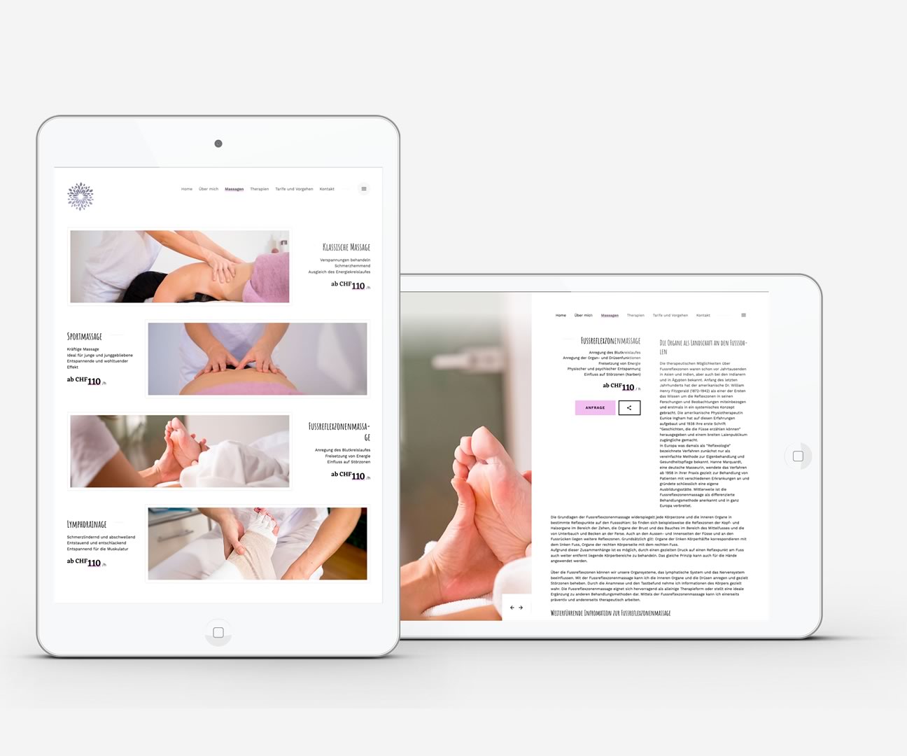 iPad mit Inhalt der Website von Medmassage-Flair, Franziska Siegenthaler - Ueberstorf